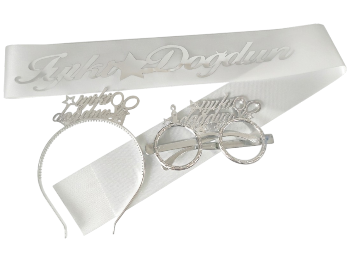 3 LÜ MİKA TAC GÖZLÜK KUŞAK SET BEYAZ İYİKİ DOĞDUN GÜMÜŞ