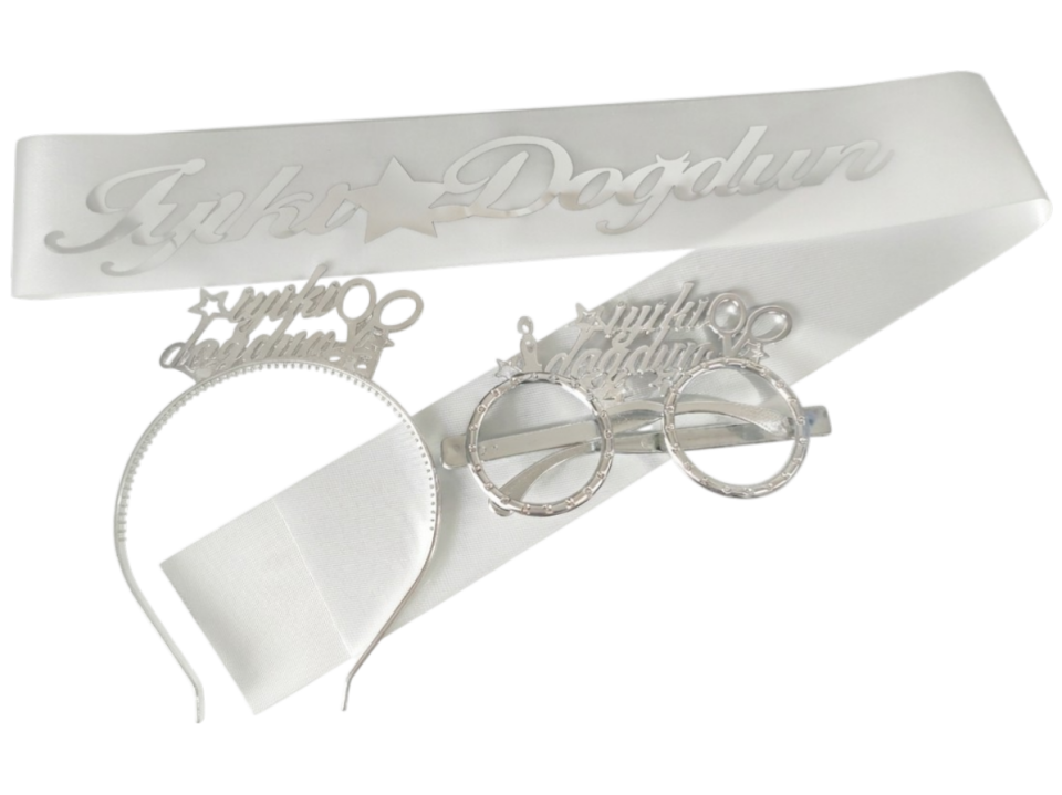 3 LÜ MİKA TAC GÖZLÜK KUŞAK SET BEYAZ İYİKİ DOĞDUN GÜMÜŞ