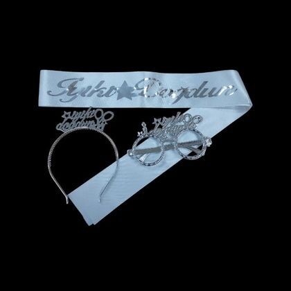 3 LÜ MİKA TAC GÖZLÜK KUŞAK SET BEYAZ İYİKİ DOĞDUN GÜMÜŞ