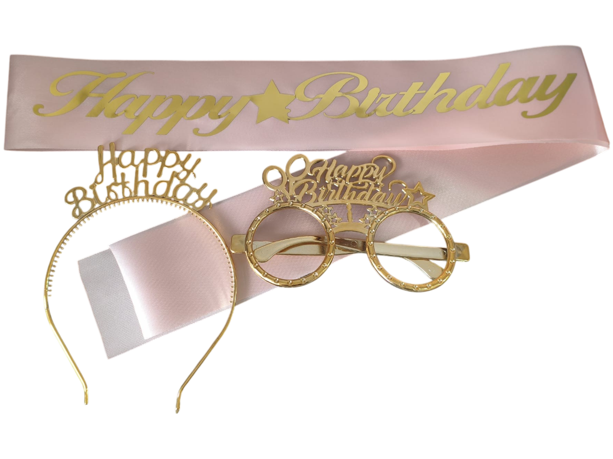 3 LÜ MİKA TAC GÖZLÜK KUŞAK SET PEMBE HAPPY GOLD