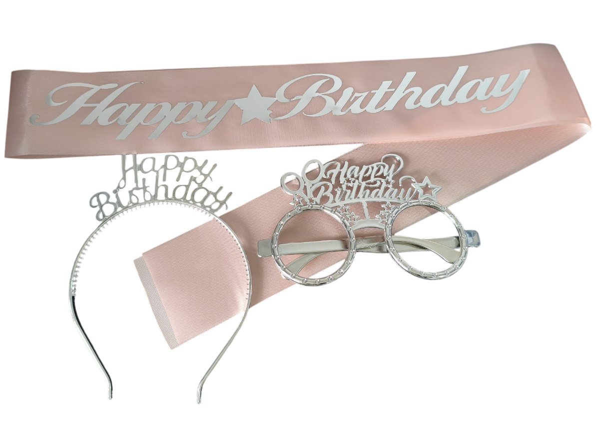 3 LÜ MİKA TAC GÖZLÜK KUŞAK SET PEMBE HAPPY GÜMÜŞ