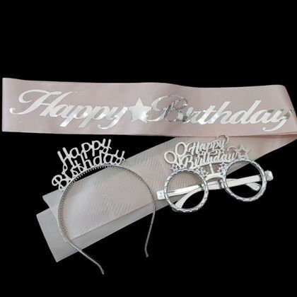 3 LÜ MİKA TAC GÖZLÜK KUŞAK SET PEMBE HAPPY GÜMÜŞ