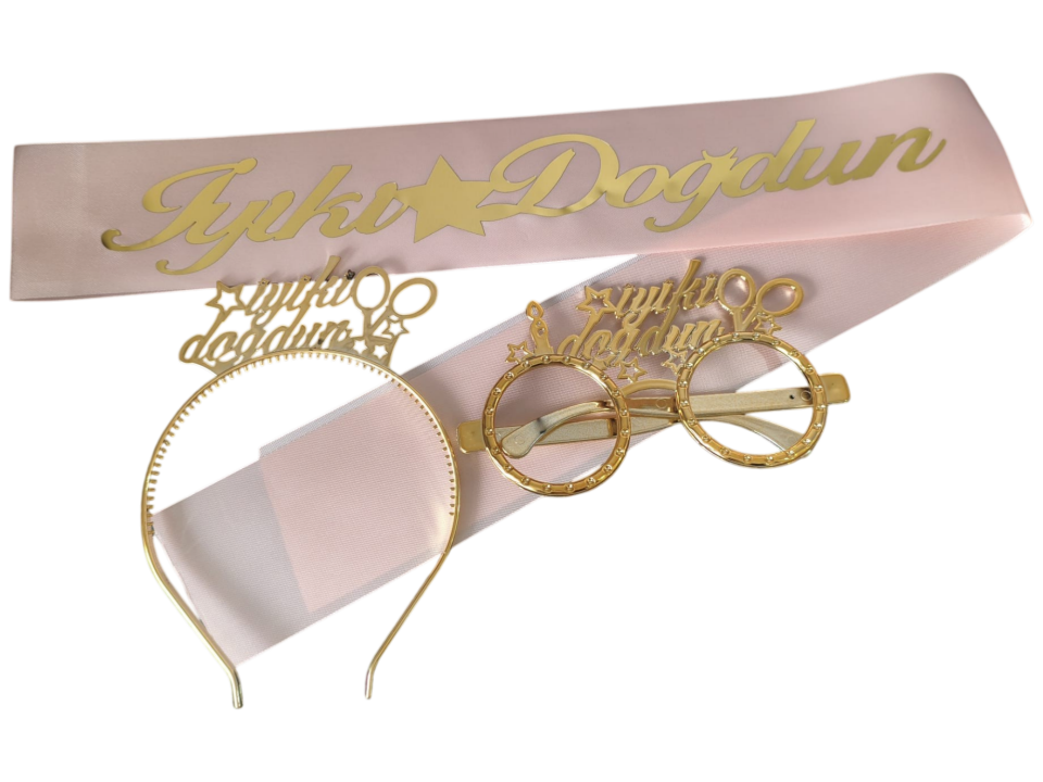3 LÜ MİKA TAC GÖZLÜK KUŞAK SET PEMBE İYİKİ DOĞDUN GOLD