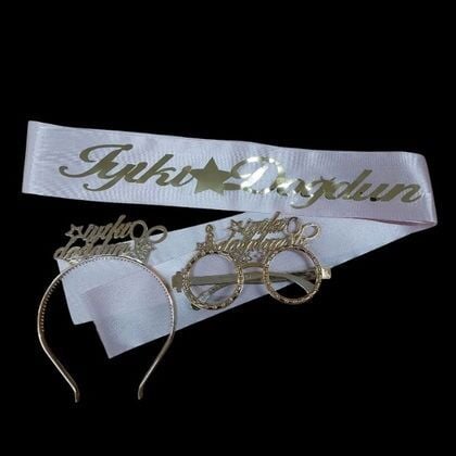 3 LÜ MİKA TAC GÖZLÜK KUŞAK SET PEMBE İYİKİ DOĞDUN GOLD