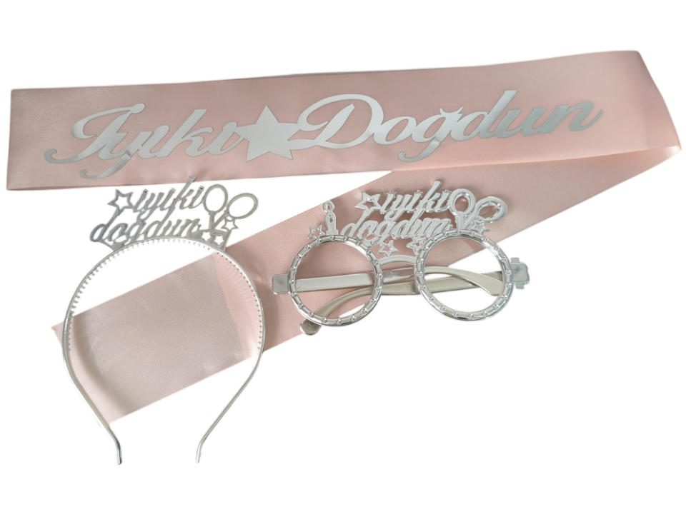 3 LÜ MİKA TAC GÖZLÜK KUŞAK SET PEMBE İYİKİ DOĞDUN GÜMÜŞ