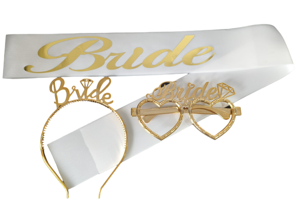 3 LÜ MİKA TAÇ GÖZLÜK KUŞAK SET BRİDE BEYAZ GOLD