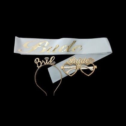 3 LÜ MİKA TAÇ GÖZLÜK KUŞAK SET BRİDE BEYAZ GOLD