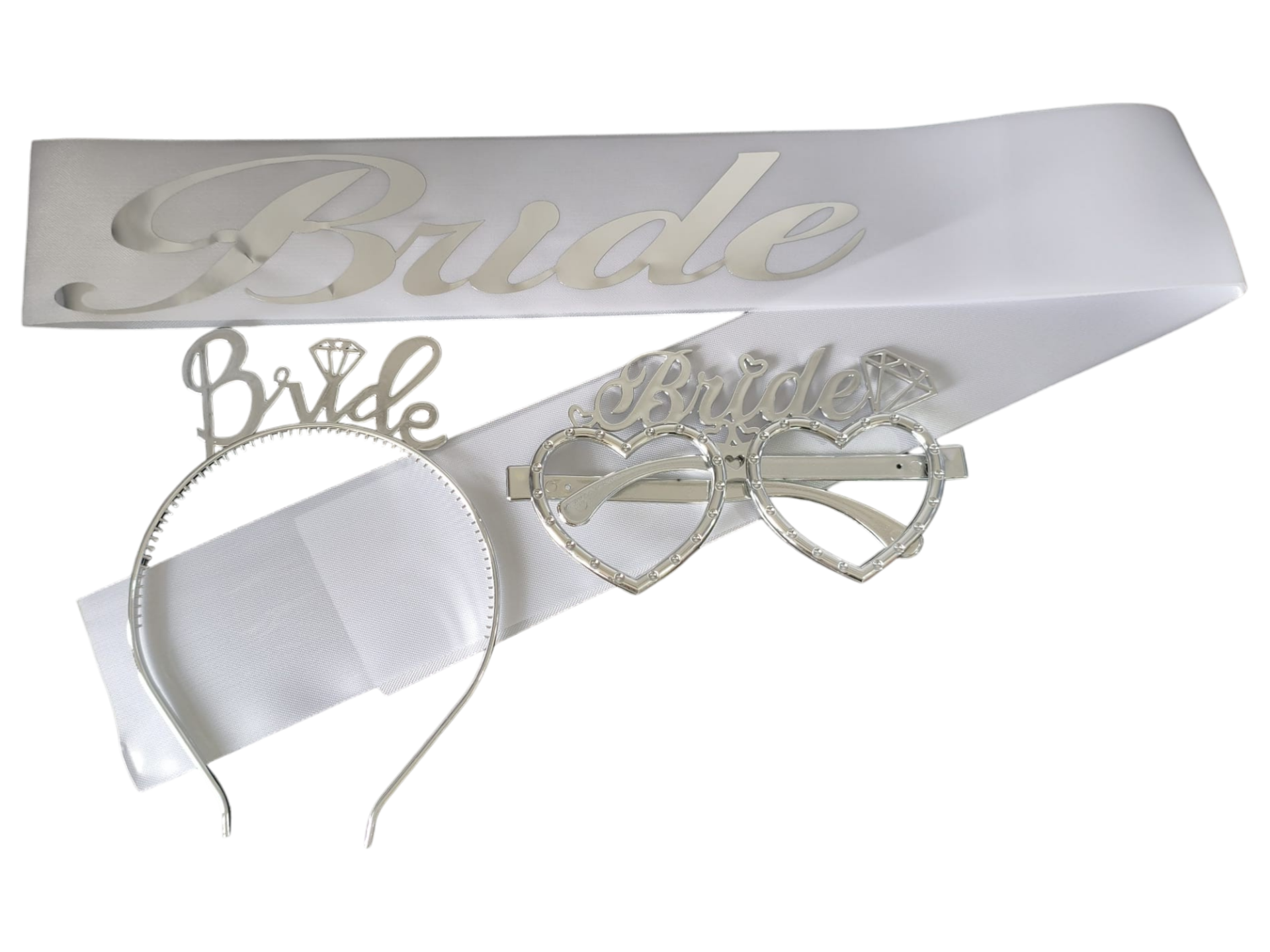 3 LÜ MİKA TAÇ GÖZLÜK KUŞAK SET BRİDE BEYAZ GÜMÜŞ