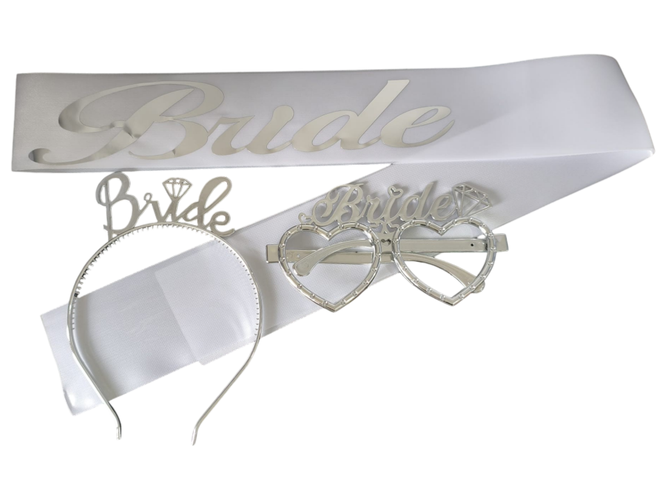 3 LÜ MİKA TAÇ GÖZLÜK KUŞAK SET BRİDE BEYAZ GÜMÜŞ