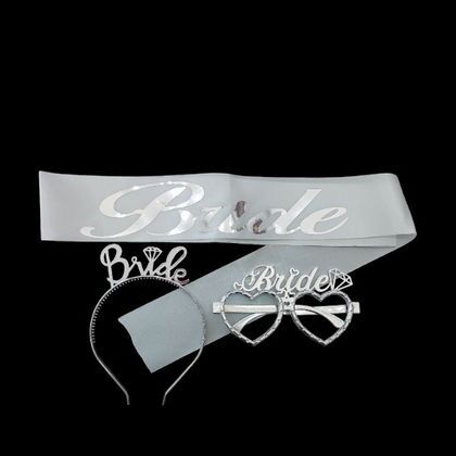 3 LÜ MİKA TAÇ GÖZLÜK KUŞAK SET BRİDE BEYAZ GÜMÜŞ