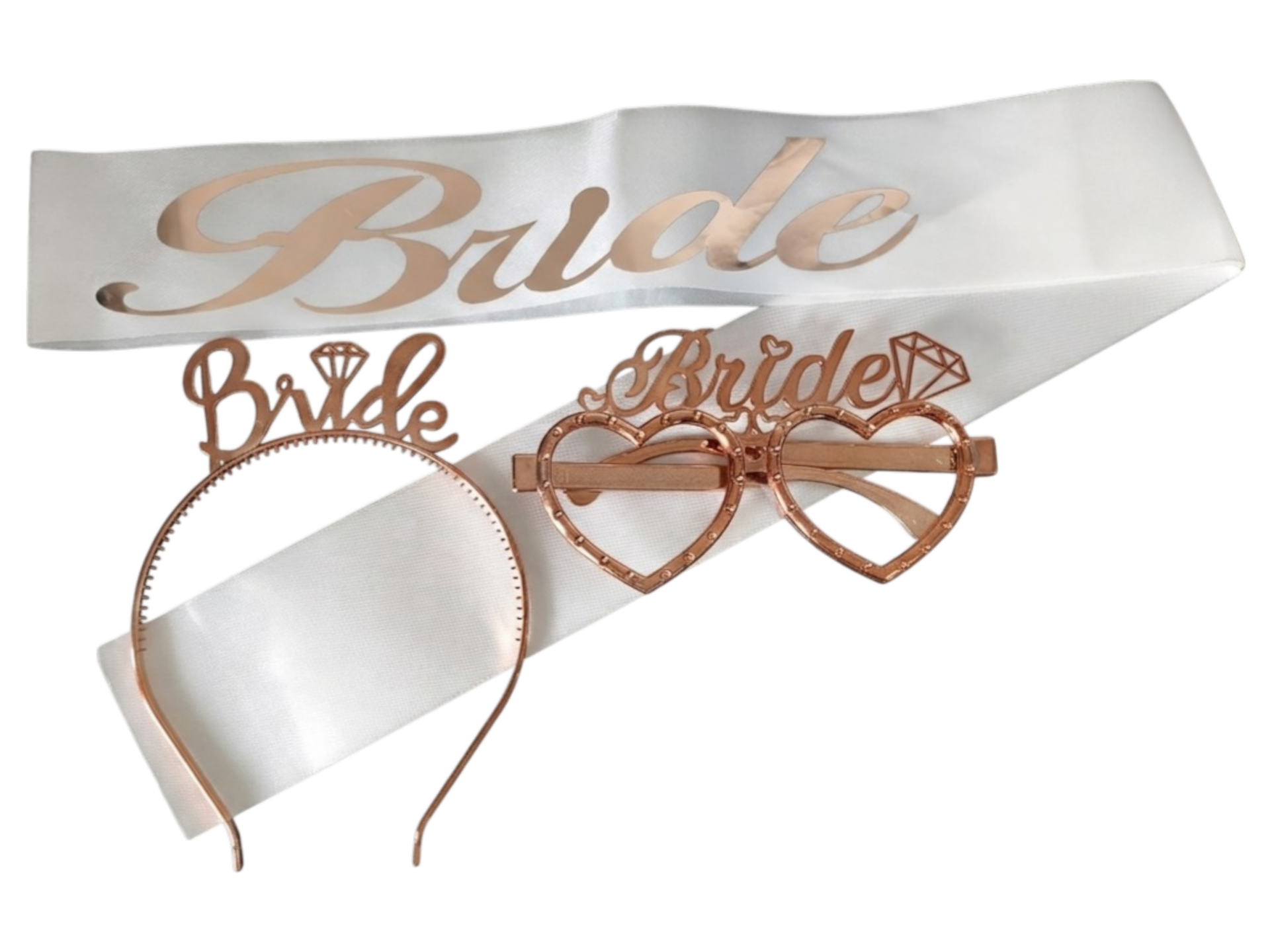 3 LÜ MİKA TAÇ GÖZLÜK KUŞAK SET BRİDE BEYAZ ROSE GOLD