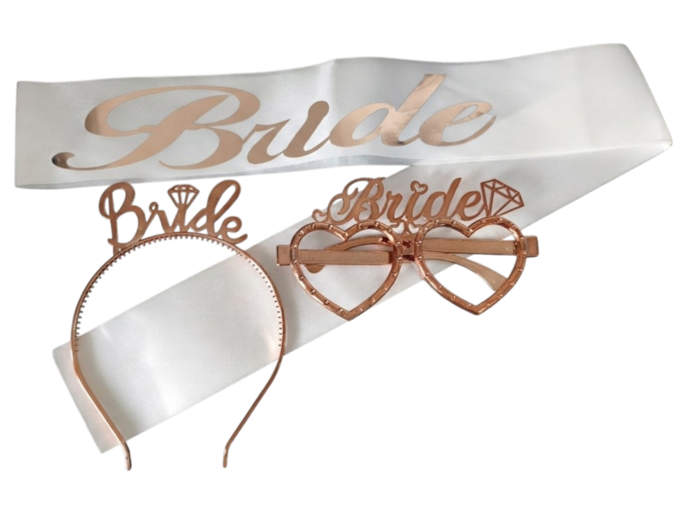 3 LÜ MİKA TAÇ GÖZLÜK KUŞAK SET BRİDE BEYAZ ROSE GOLD