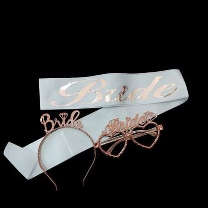 3 LÜ MİKA TAÇ GÖZLÜK KUŞAK SET BRİDE BEYAZ ROSE GOLD