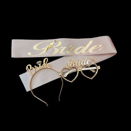 3 LÜ MİKA TAÇ GÖZLÜK KUŞAK SET BRİDE PEMBE GOLD