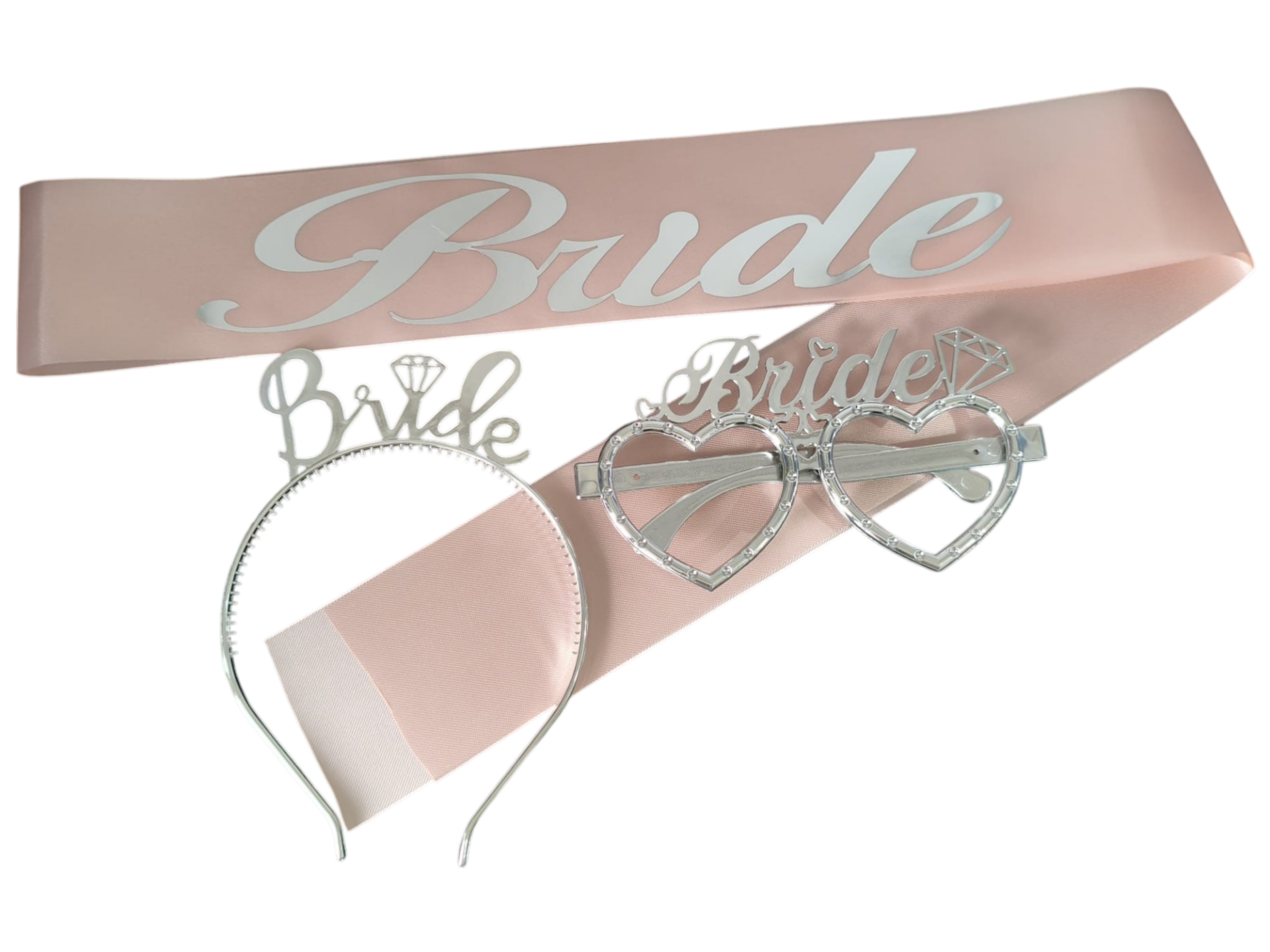 3 LÜ MİKA TAÇ GÖZLÜK KUŞAK SET BRİDE PEMBE GÜMÜŞ