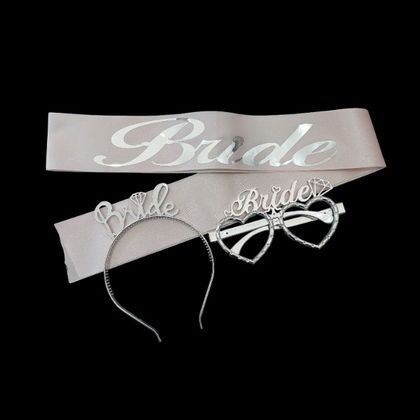 3 LÜ MİKA TAÇ GÖZLÜK KUŞAK SET BRİDE PEMBE GÜMÜŞ