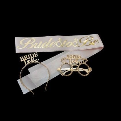 3 LÜ MİKA TAÇ GÖZLÜK KUŞAK SET BRİDE TOBE PEMBE GOLD