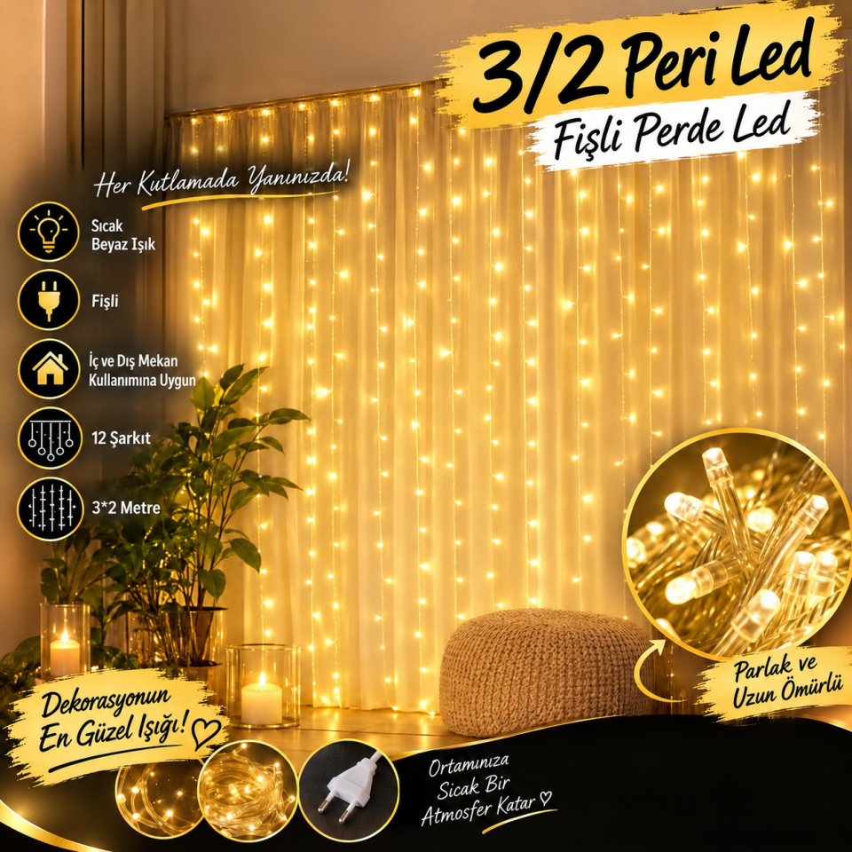 3*2 PERİ PERDE LED GÜN IŞIĞI USB