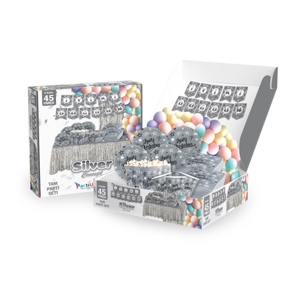 45 PARÇA İYİ Kİ DOĞDUN SİYAH GÜMÜŞ KONSEPT SETİ