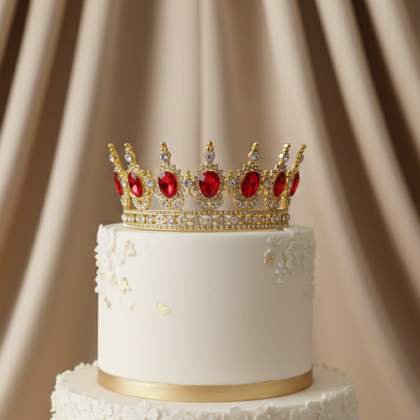 İTHAL PASTA ÜSTÜ METAL TAÇ GOLD KIRMIZI TAŞLI