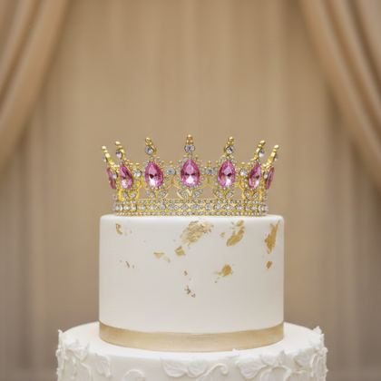 İTHAL PASTA ÜSTÜ METAL TAÇ GOLD PEMBE TAŞLI